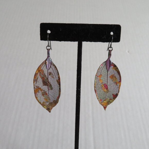 Urban Rose - Gorgeous & Unique Real Leaf Earrings - Gilded, Iridescent NWOT - Picture 1 of 6